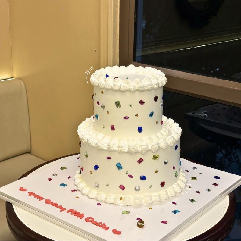 Two-tier birthday cake in the shop