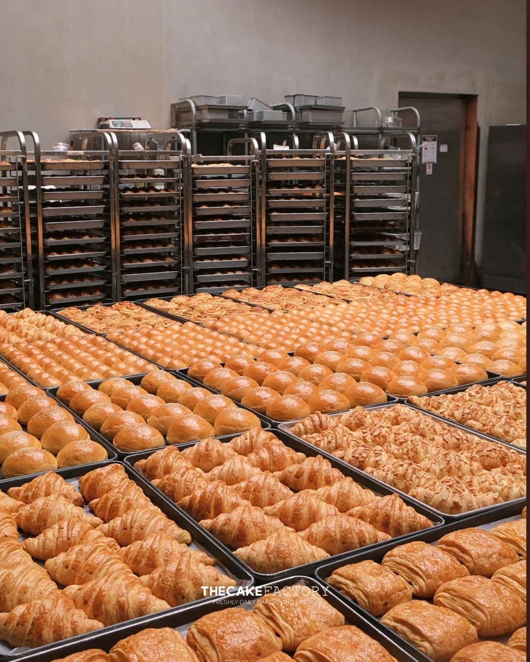 TheCake Factory: racks of fresh bread and pastries