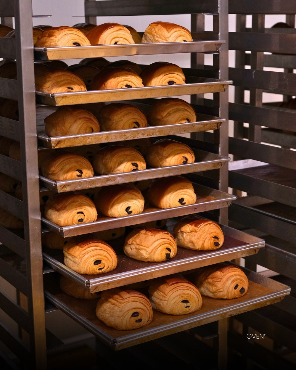Pain au chocolat on a baking rack
